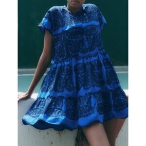 Zara Cobalt Blue Floral Embroidered Boho Mini Dress Baby Doll Tent Dress Medium